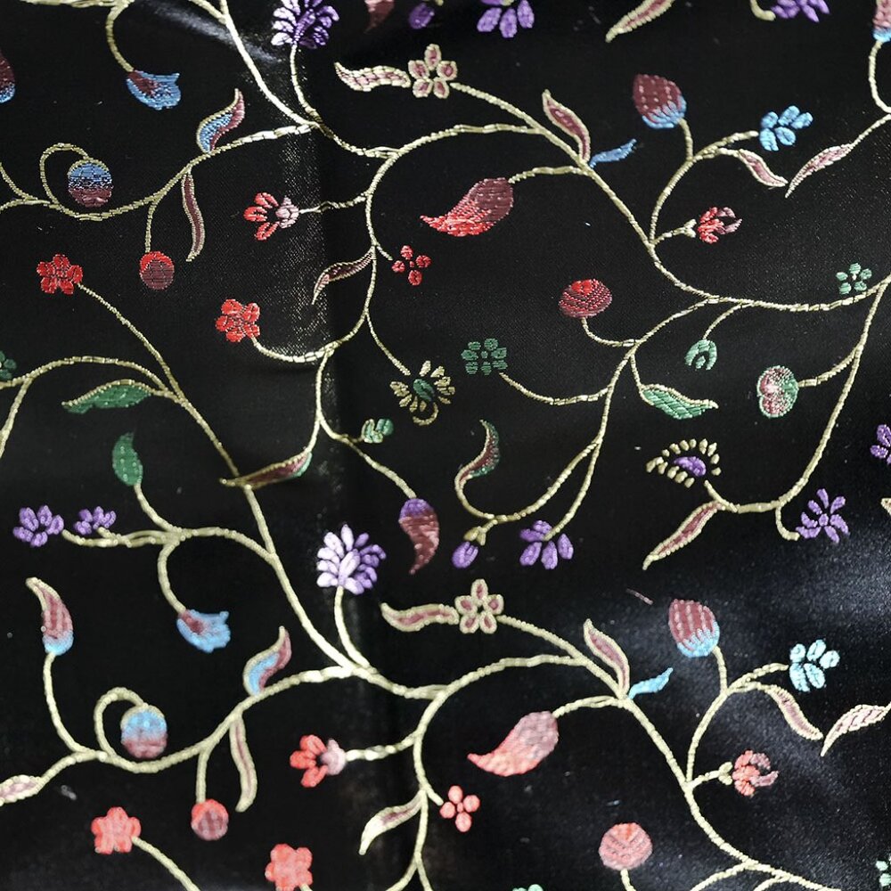 Vintage Silky Satin Brocade – Chili Flower Pattern – Black Multicolor 36" × 99"